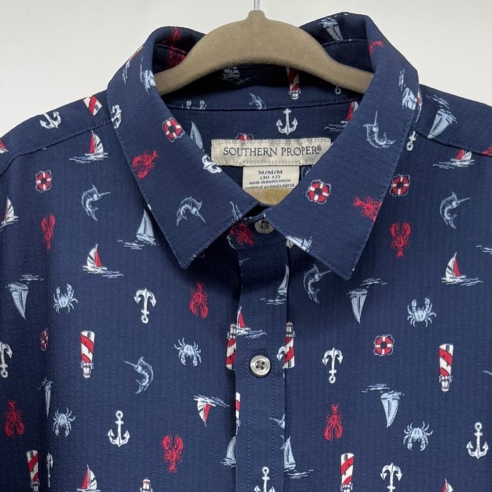 Southern Proper Boys Navy Nautical Print Button Down Shirt Size M 10-12 BK3642